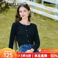 百圖betu女裝秋新款T恤圓領(lǐng)長(cháng)袖精致蝴蝶結紐扣針織T恤女2308T19 黑色 S