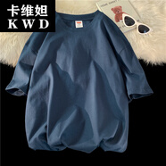 卡維妲酷酷的克重磅棉秋季短袖恤男寬松男裝體恤半袖色打底衫可二開(kāi) 藏青色 M