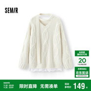 森馬（Semir）毛衣女冬圍巾蕾絲V領(lǐng)絞花寬松2025優(yōu)雅小性感套頭衫109725107011
