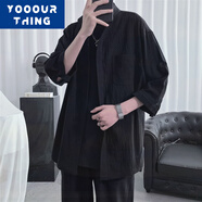 YOOOURTHING 襯衫男純棉潮流港風(fēng)大碼寬松七分袖襯衣夏季休閑薄款外套男 黑色 3XL (建議160-180斤)