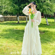 邦帛世法式長(cháng)袖連衣裙2025年春秋新款女設計感溫柔風(fēng)森系網(wǎng)紗超仙仙女裙 長(cháng)袖連衣裙【純白】 L （適合101-115）