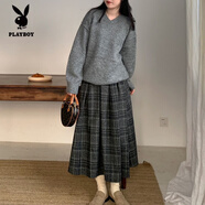 花花公子（PLAYBOY）學(xué)院風(fēng)復古格子半身裙秋冬款毛呢森系長(cháng)款百褶裙胖m大擺a字傘裙子 灰色 2XL （145-155斤）