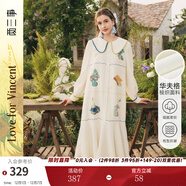 兩三事梵高文藝 郵夢(mèng)人 2025春季新款油畫(huà)印花撞色織帶翻領(lǐng)連衣裙 杏色 S