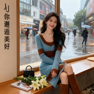 智立冠針織連衣裙女韓國萊茵藍撞色感配大衣加厚毛衣秋冬OL打底裙 藍色 S