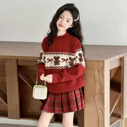 丹鳥(niǎo)王女童毛衣新款冬季中大童加厚針織衫紅色兒童2026本命年衣服內搭潮 加絨毛衣+紅裙子 150 碼