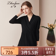 兆君秋冬交叉V領(lǐng)中長(cháng)款羊絨連衣裙女 收腰修身百搭毛衣針織連衣裙 午夜黑 XL