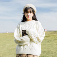 俞兆林（YUZHAOLIN）加絨加厚麻花套頭針織衫毛衣女2025秋冬新款慵懶風(fēng)寬松保暖打底衫 米白色 S 建議80-95斤穿