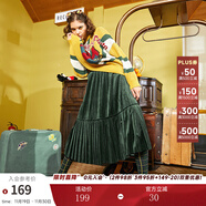 兩三事絲絨半身裙春季女黑色百褶裙裙子復古半裙長(cháng)裙 開(kāi)心自轉體 綠色 厚款 M