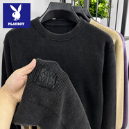 花花公子水洗做舊復古毛衣男圓領(lǐng)貼布刺繡秋冬季潮牌寬松棉質(zhì)針織打底衫男 黑色 M