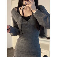 傲甜毛衣女2026新款韓風(fēng)chic套裝秋冬搭配一整套v領(lǐng)灰色毛衣女款針織 蕾絲吊帶+v領(lǐng)毛衣【兩件套】 M 95-105斤