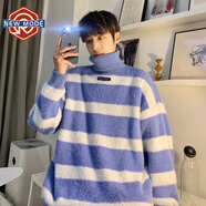 NEW OR MODE高領(lǐng)毛衣男秋冬季新款加絨加厚條紋針織衫寬松慵懶保暖高級感外套 藍色 2XL