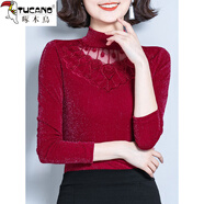 啄木鳥(niǎo)蕾絲打底衫女2025新款秋冬今年流行爆款網(wǎng)紗上衣長(cháng)袖t恤洋氣小衫 酒紅色(薄款) M (80-100斤)