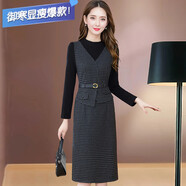 AX2025年秋季新款格紋假兩件連衣裙女氣質(zhì)優(yōu)雅修身實(shí)拍長(cháng)袖開(kāi)叉裙子 黑色 M