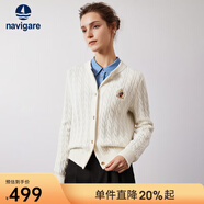 Navigare意大利小帆船女士毛衣秋冬季新款純綿羊毛長(cháng)袖開(kāi)衫通勤針織外套 科技白 S
