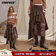 UNIFREE美拉德麂皮絨半身裙不規則設計感蕾絲拼接流蘇長(cháng)款裙 咖色 M