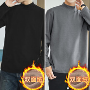 美特斯邦威（Meters Bonwe）半高領(lǐng)長(cháng)袖t恤男純色加絨保暖內搭秋冬季打底衫雙面德絨中領(lǐng)秋衣 M15【雙面絨】黑色+花灰 3XL