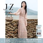 玖姿·安娜蔻100%桑蠶絲法式洛可可花卉印花連衣裙女夏款 花粉紅-第二批-KWFX50129 M