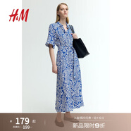 H&M女裝連衣裙25夏新款度假風(fēng)腰部系帶襯衫式植物印花長(cháng)裙1217576 亮藍色/白色圖案 S 160/88