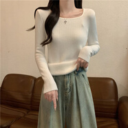 以純（YISHion）秋冬2025新款方領(lǐng)修身緊身長(cháng)袖打底針織衫上衣加厚加絨黑色毛衣女 白色- 加絨 均碼 高彈力 70-125斤