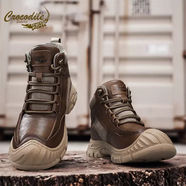 鱷魚(yú)恤馬丁靴男款冬季真皮加絨保暖棉鞋戶(hù)外休閑防滑防水工裝男鞋 紅棕單鞋款 39