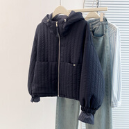 蘑菇同學(xué)秋冬韓版寬松連帽棉服外套女款小個(gè)子格子拼接棉衣拉鏈短外套 藏藍色 L 建議95-140斤 