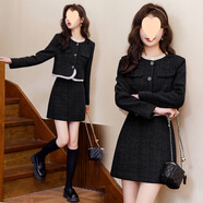 薩肯貓（SAKENMAO）法式高端小香風(fēng)外套女秋冬2025感套裝高腰短裙半身裙 黑色套裝【加棉加厚】 L 110-120斤