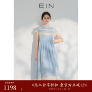 EIN【輕禮服】EIN言小黑裙中長(cháng)款絲棉短袖蕾絲連衣裙女2024夏季新款 淺藍 M