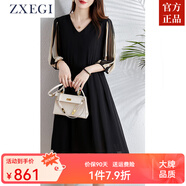 ZXEGI黑色拼接真絲裙子夏季新款時(shí)尚V領(lǐng)顯瘦重磅100%桑蠶絲連衣裙氣質(zhì) 黑花 L