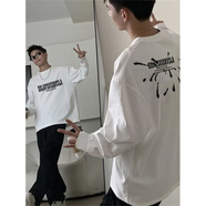 蕭蕭布落高街潮牌純棉印花長(cháng)袖t恤男春秋季vintage美式重磅衛衣內搭打底衫 白色 XL