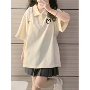 美式大童純棉polo領(lǐng)短袖t恤女初中學(xué)生高中夏季新款寬松體恤上衣 半愛(ài)心-杏色【夏季穿搭_時(shí)髦_酷女孩_網(wǎng)紅_校園風(fēng) S