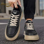 鱷魚(yú)恤男鞋冬季防滑百搭運動(dòng)休閑皮鞋潮流真皮防水厚底耐磨平板鞋 黑色 38