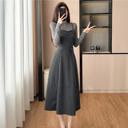 園翌設計感法式名媛小香風(fēng)兩件套裝裙2025秋冬季格子吊帶連衣裙 單件灰色格子裙 S