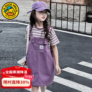 G.DUCKKIDS童裝女童套裝夏季新款純棉短袖背帶褲童裝中大童兒童衣服休閑夏裝 紫色 140 【建議7-10歲】