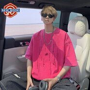 NEW OR MODE美式重磅短袖t恤男夏季新款水洗復古流星字母印花寬松打底體恤衫 玫紅色 XL