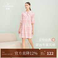 秋鹿睡裙女【經(jīng)典系】夏季梭織格子純棉V領(lǐng)七分袖休閑連衣裙家居服 淺蝦49 M