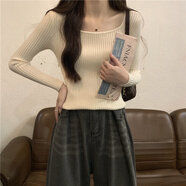 以純（YISHion）秋冬2025新款方領(lǐng)修身緊身長(cháng)袖打底針織衫上衣加厚加絨黑色毛衣女 杏色- 常規 均碼 高彈力 70-125斤