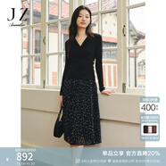 玖姿·安娜蔻【蕾絲映夢(mèng)】假兩件拼接壓褶毛衫連衣裙女春款 素黑 M