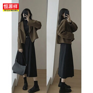 恒源祥赫本風(fēng)短款毛呢外套女秋冬加厚小個(gè)子西裝外套搭配背帶裙兩件套裝 （咖色西裝外套+黑色半身裙） 兩件套 S 建議85-95斤