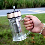 亞泰雙層玻璃杯帶把手柄泡茶杯辦公大容量加厚耐熱隔溫商用水杯 辦公杯土豪金雙節網(wǎng)380ml+杯刷南極奇