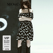 MO&Co.桑蠶絲混紡蝴蝶結泡泡袖露肩兩穿黑白連衣裙氣質(zhì)裙子女 黑底白花色 M 165