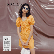 MO&Co.度假風(fēng)捏褶收腰泡泡袖V領(lǐng)連衣裙氣質(zhì)小眾高端裙子女摩安珂 熱力橙色-第1批 S 160