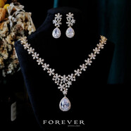 新娘日韓風(fēng)格宴會(huì )首飾套組 長(cháng)效鍍金鑲嵌人造寶石鋯石飾品 [金色]項鏈+耳環(huán)（耳夾）