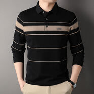 歐倫啄木鳥(niǎo)中年純棉長(cháng)袖T恤男秋冬翻領(lǐng)Polo衫條紋體恤打底衫時(shí)尚上衣 98104黑色純棉 L 170L125斤-140斤
