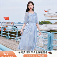 香影溫柔風(fēng)粉色連衣裙女2025夏季新款超好看五分袖海邊度假沙灘裙 藍色 S