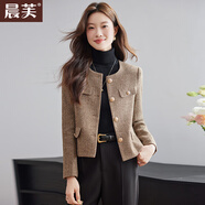 晨芙小香風(fēng)粗花呢短外套女休閑時(shí)尚復古氣質(zhì)修身小個(gè)子羊毛呢西裝上衣 單件咖啡色外套 XL 建議110-120斤