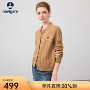 Navigare意大利小帆船女士毛衣秋冬季新款純綿羊毛長(cháng)袖開(kāi)衫通勤針織外套 古巴砂 L