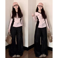 小紅書(shū)加碼女性美國拼接對比字母v領(lǐng)長(cháng)袖t恤秋天苗條合身原宿 版(粉色上衣) 2XL 建議140-160斤均碼