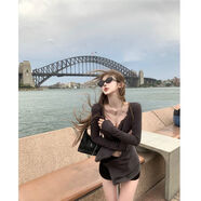 設計感小眾單排扣v領(lǐng)開(kāi)衫長(cháng)袖t恤女早新款不規則下擺休閑上衣 迷霧灰 S  建議80-90斤