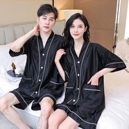 賽圖蒙睡衣男夏季短袖短褲薄款女士冰絲情侶睡衣大碼開(kāi)衫家居服套裝 女款-2303黑色 L （120-150斤）