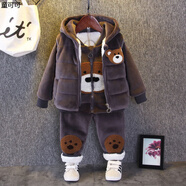 小孩衣服1-2歲男孩秋冬女童裝秋冬款加絨加厚三件套裝嬰兒童衛衣男寶寶冬裝1-3歲4外套潮 灰色 加絨加厚手掌熊灰 100碼2-3歲(24-29斤)